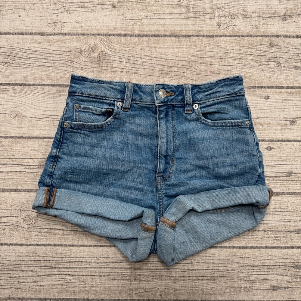 American Eagle Shorts Women's 0 Blue Denim Stretch High Rise Rolled Cuff Summer